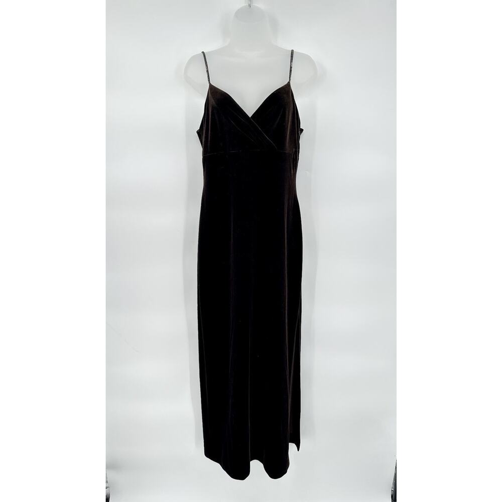 Vintage Y2K Brown Velour Leg Slit V Neck Maxi Dress Formal Party Prom Size 10